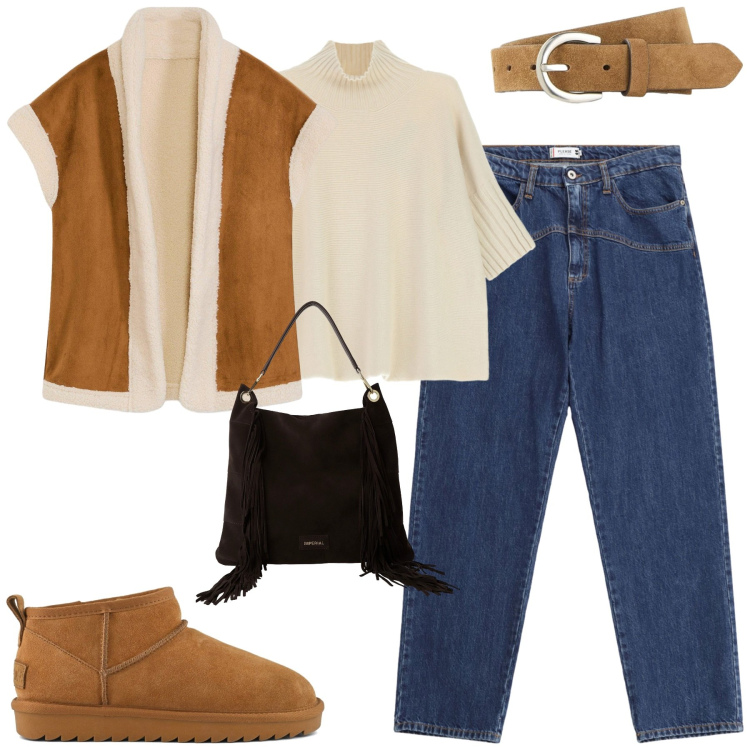 Outfit donna - Novembre. Stile Casual chic per Tutti i giorni. Abbinamento con piumini, cinture, jeans, maglieria, borse a spalla, stivali.