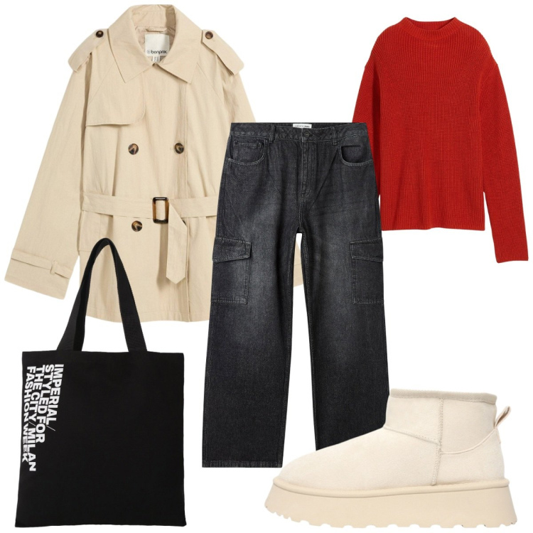 Outfit donna - Total look #2282222. Stile Basic per Tutti i giorni. Abbinamento con trench, maglieria, jeans, stivaletti, shopping bag.