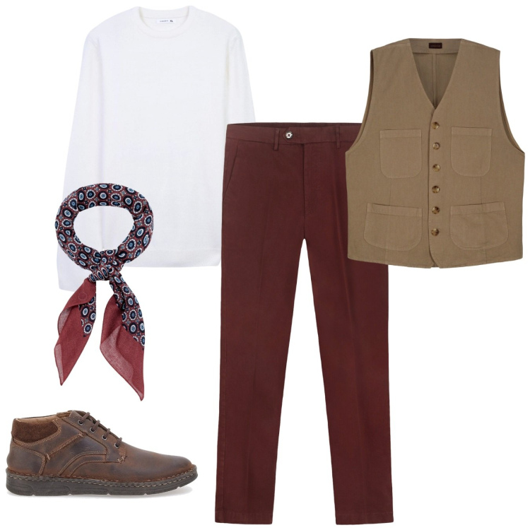 Outfit uomo - Wow. Stile Casual per Tutti i giorni. Abbinamento con maglieria, scarpe stringate, gilet, pantaloni chino, sciarpe e foulard.