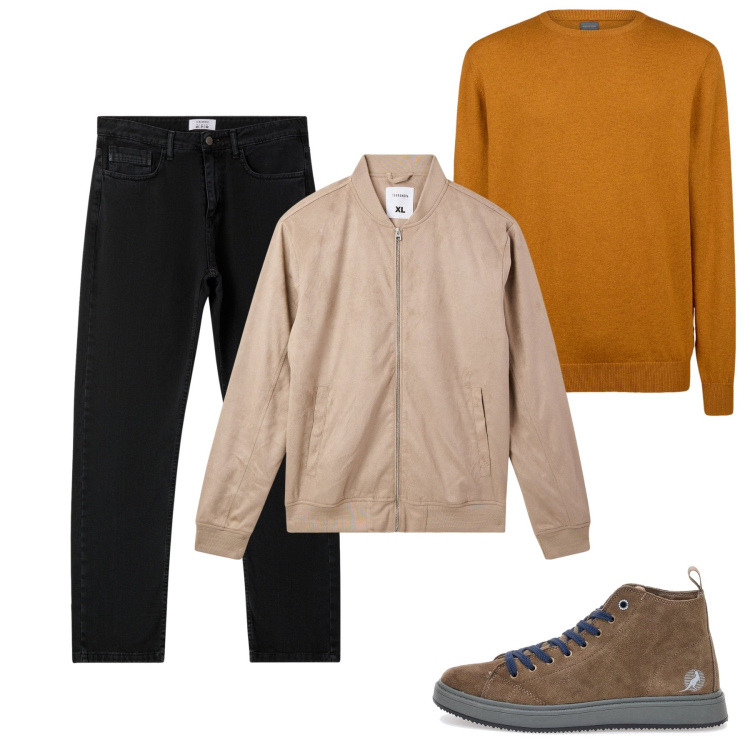 Outfit uomo - Novembre. Stile Casual per Tutti i giorni. Abbinamento con bomber, jeans dritti, maglieria, sneakers.
