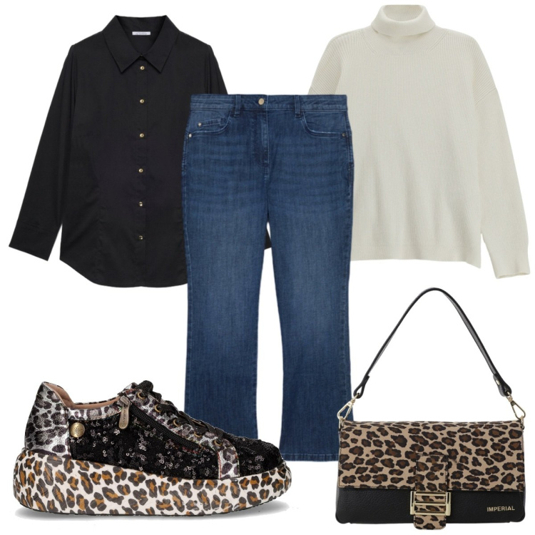 Outfit donna - Total look #2282227. Stile Trendy per Tutti i giorni. Abbinamento con borse a spalla, maglieria, camicie, jeans dritti, sneakers.