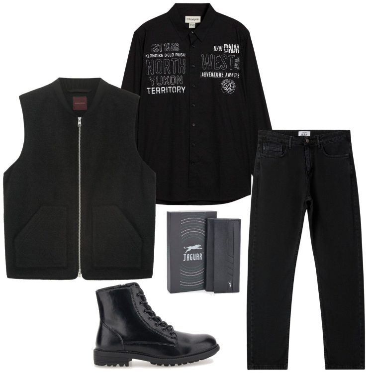 Outfit uomo - Total look #2282228. Stile Urban per Tutti i giorni. Abbinamento con camicie, jeans dritti, portachiavi, anfibi, piumini.