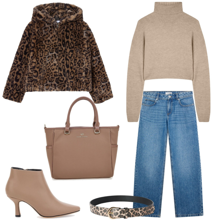 Outfit donna - Chic in animalier. Stile Chic per Tutti i giorni. Abbinamento con ecopellicce, jeans, maglieria, cinture, stivaletti, borse a tracolla.