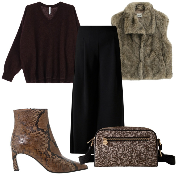 Outfit donna - Total look #2282231. Stile Trendy per Tutti i giorni. Abbinamento con pantaloni a palazzo, maglieria, borse a tracolla, camicie, stivaletti.