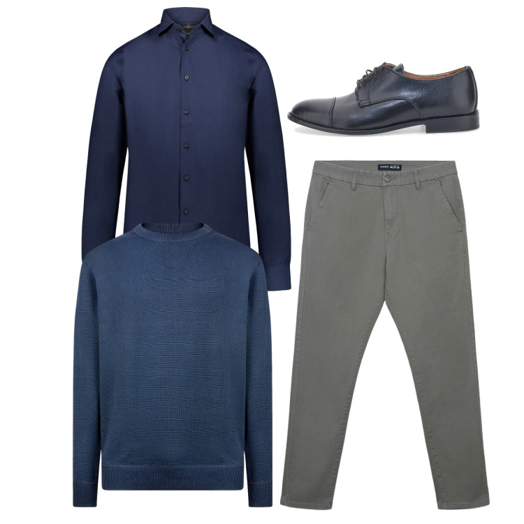 Outfit uomo - Semplicemente blu. Stile Casual per Tutti i giorni. Abbinamento con pantaloni chino, camicie, scarpe stringate, maglieria.