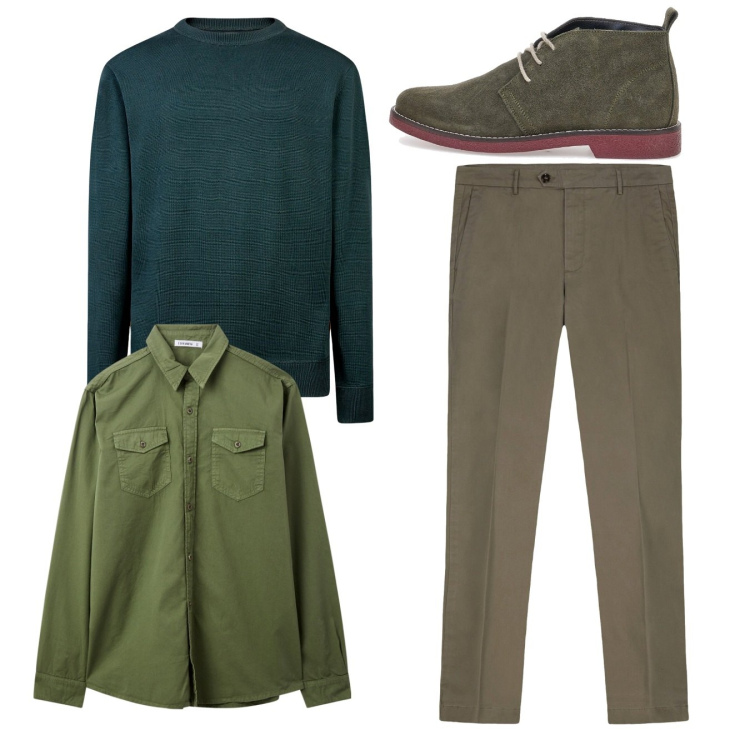 Outfit uomo - Bosco. Stile Casual per Tutti i giorni. Abbinamento con camicie, maglieria, pantaloni chino, stivali e stivaletti.