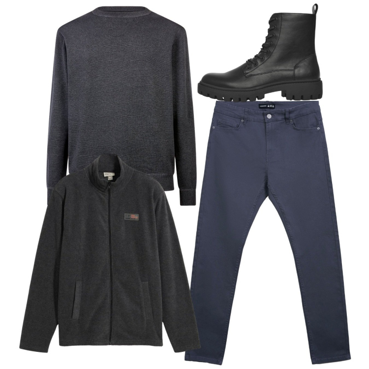 Outfit uomo - Tempo libero. Stile Casual per Tutti i giorni. Abbinamento con giacche, anfibi, pantaloni skinny, maglieria.
