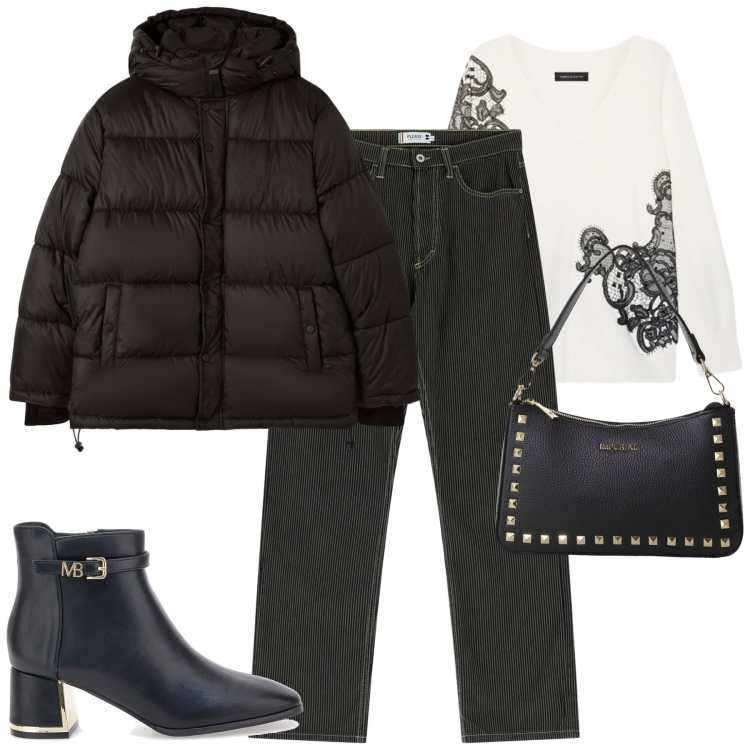 Outfit donna - City. Stile Casual chic per Tutti i giorni. Abbinamento con pantaloni, bomber, pochette, stivaletti, maglieria.