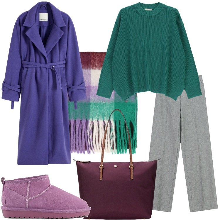 Outfit donna - Comfy autunnale - Focus Donna Curvy. Stile Trendy per Tutti i giorni. Abbinamento con cappotti, pantaloni a palazzo, sciarpe, maglieria, borse tote, stivali.