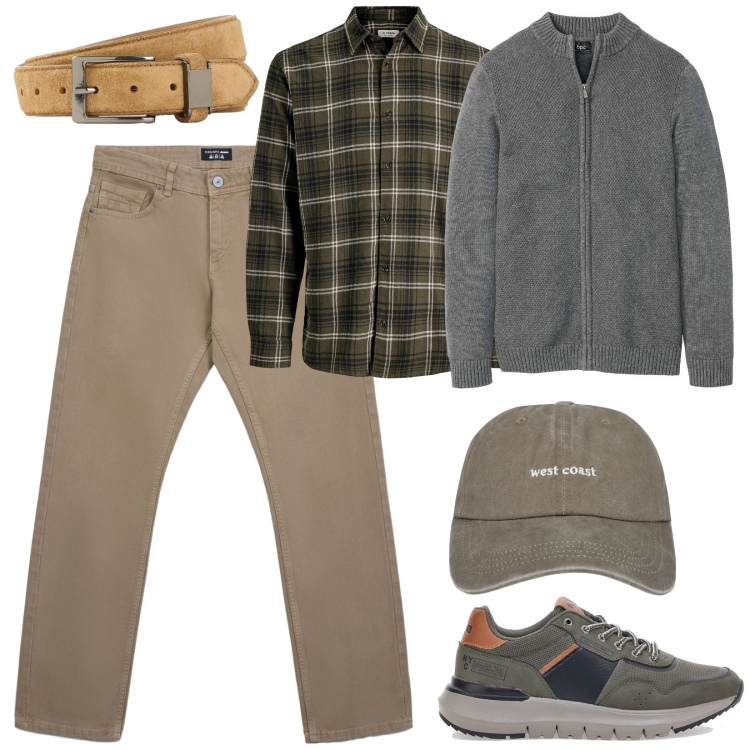 Outfit uomo - Weekend in città. Stile Casual per Tutti i giorni. Abbinamento con camicie, cardigans, cinture, cappelli con visiera, jeans, sneakers.