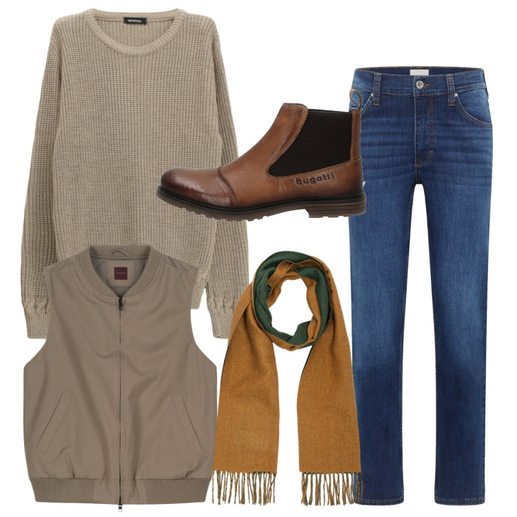 Outfit uomo - Coordinato casual. Stile Casual per Tutti i giorni. Abbinamento con jeans dritti, maglieria, sciarpe, piumini, stivali e stivaletti.