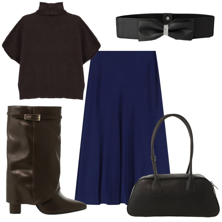 Outfit donna - Black Friday trendy. Stile Trendy per Tutti i giorni. Abbinamento con cinture, gonne longuette, maglieria, stivali, borse a mano.