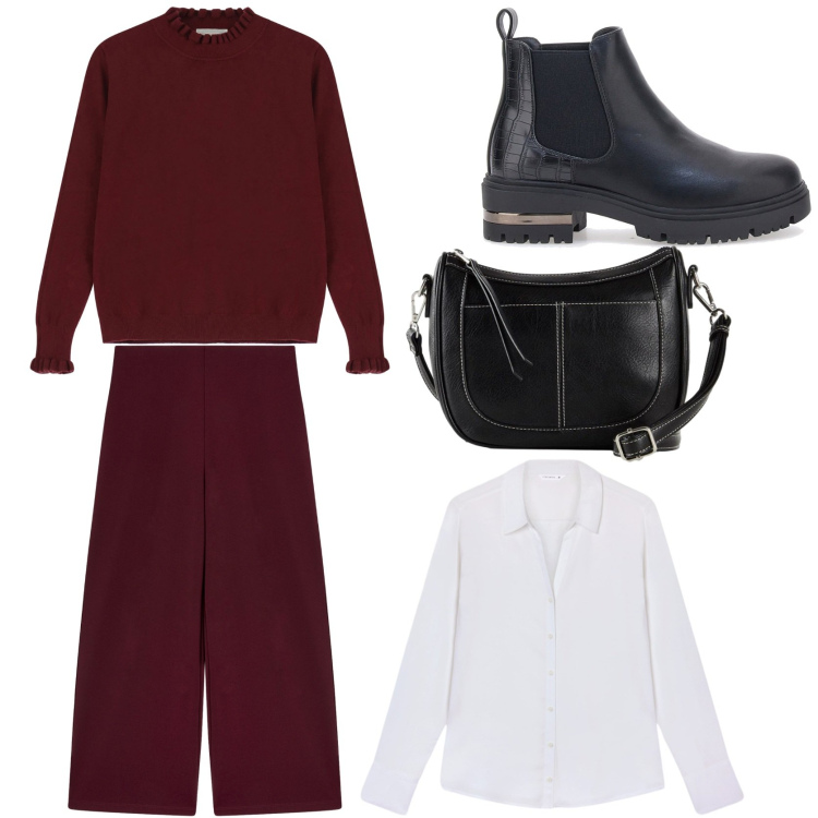 Outfit donna - Comoda e trendy in borgogna. Stile Trendy per Tutti i giorni. Abbinamento con borse a tracolla, camicie, pantaloni culotte, maglieria, stivaletti chelsea.