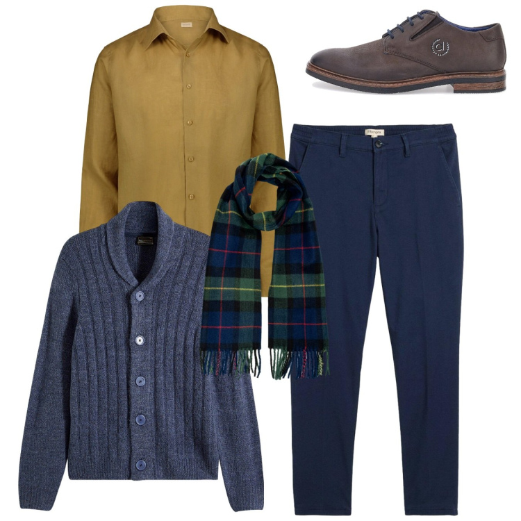 Outfit uomo - Il cardigan. Stile Casual per Tutti i giorni. Abbinamento con cardigans, pantaloni chino, scarpe stringate, camicie, sciarpe.