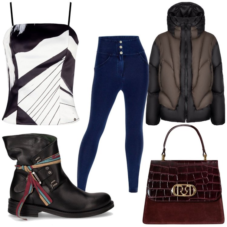 Outfit donna - Black Friday sporty chic. Stile Sporty chic per Tutti i giorni. Abbinamento con canottiere, borse a mano, jeggings, piumini, anfibi.