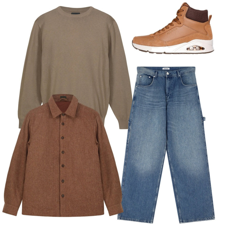 Outfit uomo - Tabacco e jeans. Stile Casual per Tutti i giorni. Abbinamento con jeans, cappotti, sneakers alte, maglieria.