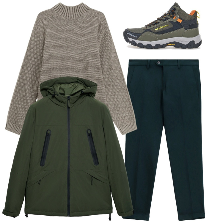 Outfit uomo - Total look. Stile Casual per Tutti i giorni. Abbinamento con giacche, pantaloni, maglieria, stivali e stivaletti.