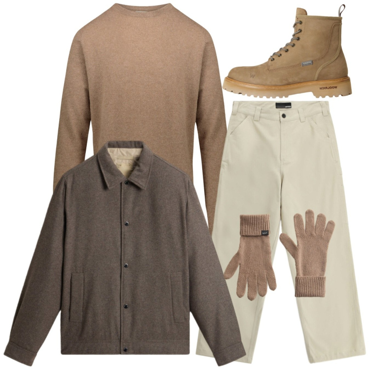 Outfit uomo - Nocciola. Stile Casual per Tutti i giorni. Abbinamento con pantaloni, anfibi, guanti, cappotti, maglieria.