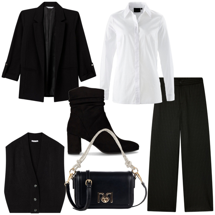 Outfit donna - Comoda e trendy. Stile Trendy per Tutti i giorni. Abbinamento con camicie, borse a mano, pantaloni, blazer, maglieria, stivaletti.
