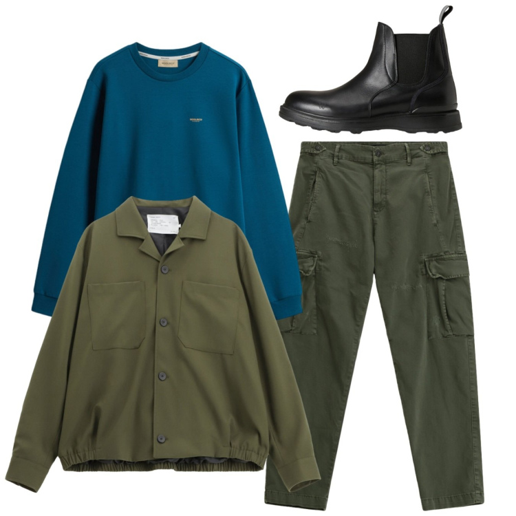 Outfit uomo - Tocco azzurro. Stile Casual per Tutti i giorni. Abbinamento con cappotti, pantaloni cargo, stivali e stivaletti, felpe.