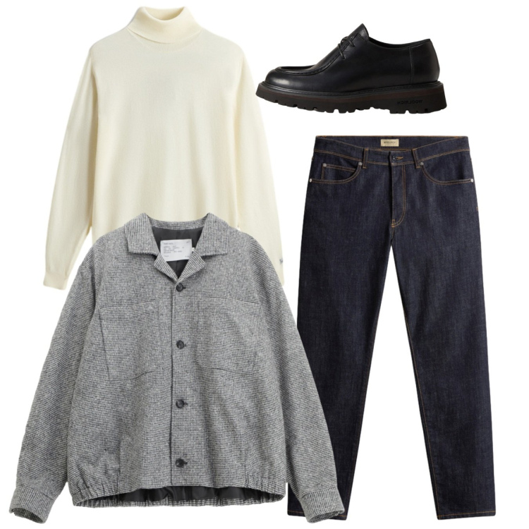 Outfit uomo - Total look giorno. Stile Trendy per Tutti i giorni. Abbinamento con cappotti, pantaloni, maglieria, scarpe stringate.