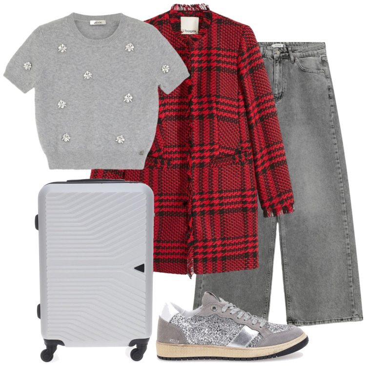 Outfit donna - Total look #2282262. Stile Casual chic per Tutti i giorni. Abbinamento con blazer, jeans, maglieria, valigie, sneakers.