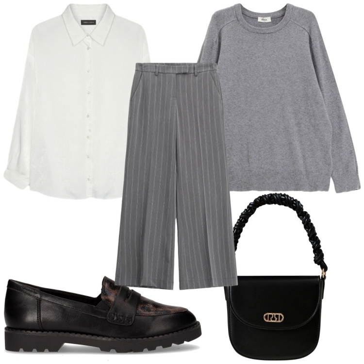Outfit donna - Lines of Style: mannish. Stile Mannish per Ufficio. Abbinamento con borse a mano, pantaloni a palazzo, pullovers, camicie, mocassini.