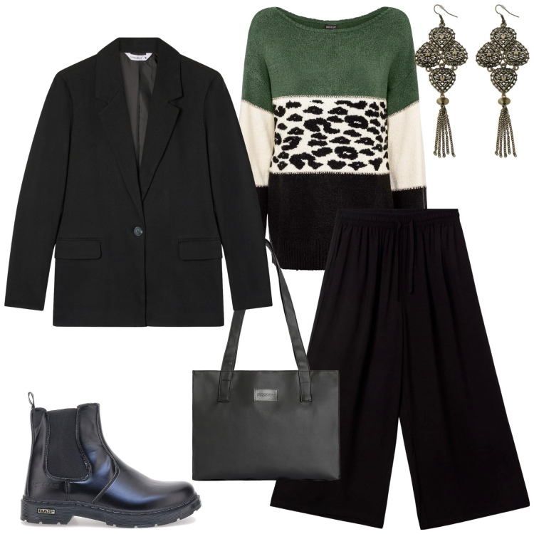 Outfit donna - Total look #2282265. Stile Casual chic per Tutti i giorni. Abbinamento con maglieria, pantaloni a palazzo, blazer, shopping bag, orecchini, stivaletti chelsea.