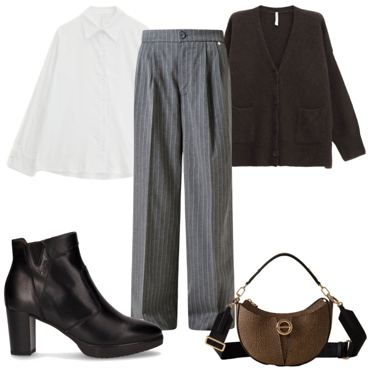 Outfit donna - Lines of Style in ufficio. Stile Trendy per Tutti i giorni. Abbinamento con pantaloni, cardigans, camicie, borse a spalla, stivaletti.