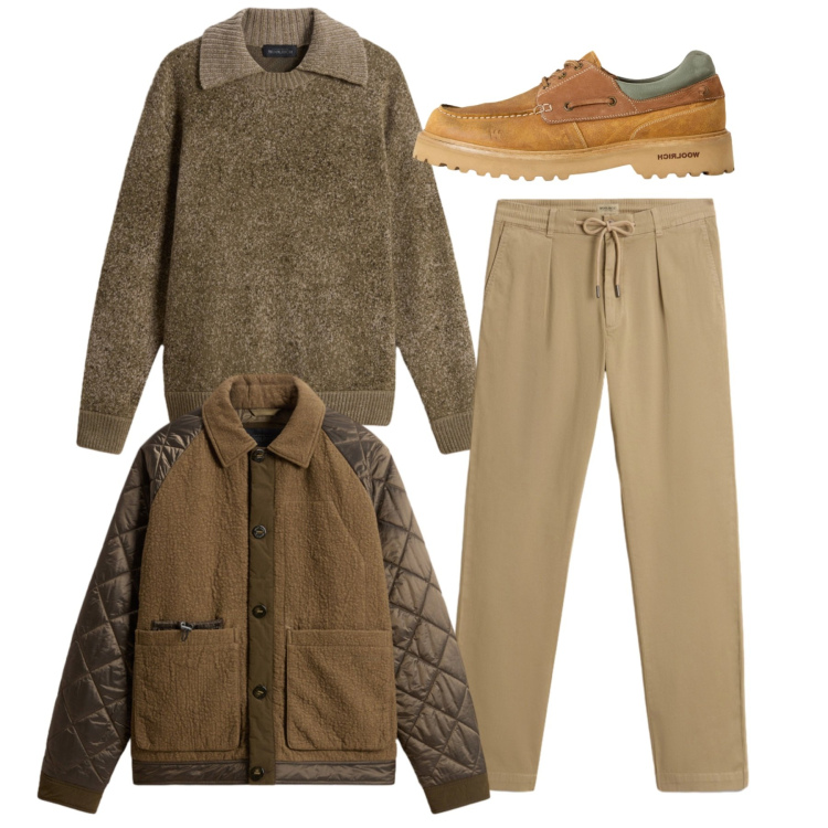 Outfit uomo - Mandorla. Stile Casual per Tutti i giorni. Abbinamento con pantaloni, scarpe stringate, maglieria, giacche.
