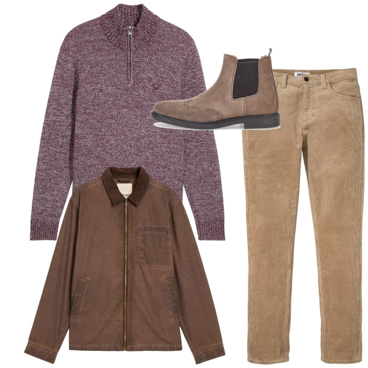 Outfit uomo - Melange amaranto. Stile Casual per Tutti i giorni. Abbinamento con giacche, pantaloni, maglieria, stivali e stivaletti.