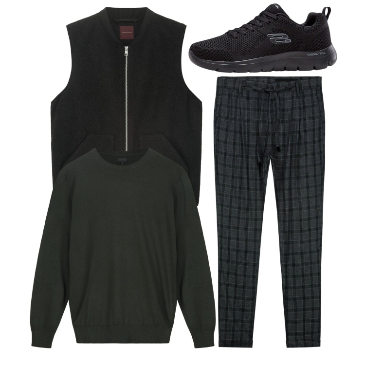 Outfit uomo - Black total look. Stile Urban per Tutti i giorni. Abbinamento con sneakers, maglieria, piumini, pantaloni.