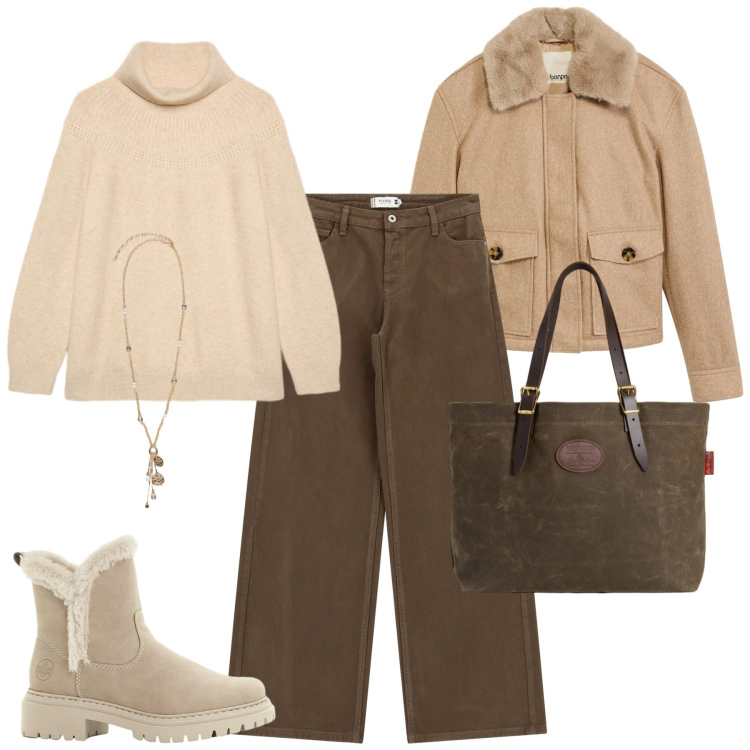 Outfit donna - City. Stile Casual chic per Tutti i giorni. Abbinamento con piumini, stivaletti, pantaloni a palazzo, borse tote, maglieria, ciondoli.