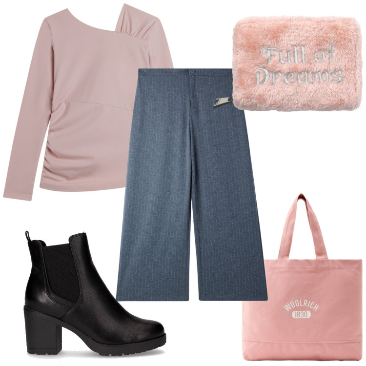 Outfit donna - Lines of Style: in rosa. Stile Trendy per Tutti i giorni. Abbinamento con pantaloni, portafogli, maglieria, borse tote, stivaletti chelsea.