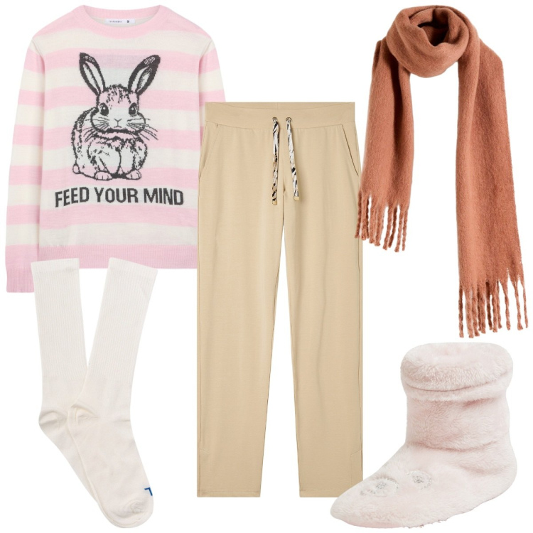 Outfit donna - Comfy autunnale: a casa. Stile Basic per Tutti i giorni. Abbinamento con sciarpe, maglieria, pantofole, pantaloni, calzini.
