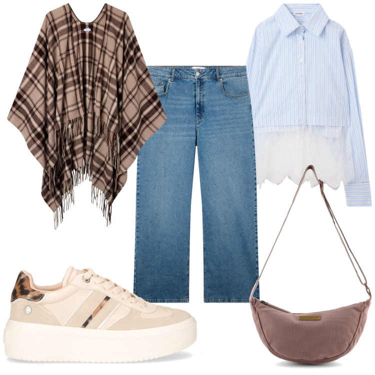 Outfit donna - Comfy autunnale trendy. Stile Trendy per Tutti i giorni. Abbinamento con camicie, jeans, cappotti, borse a tracolla, sneakers.