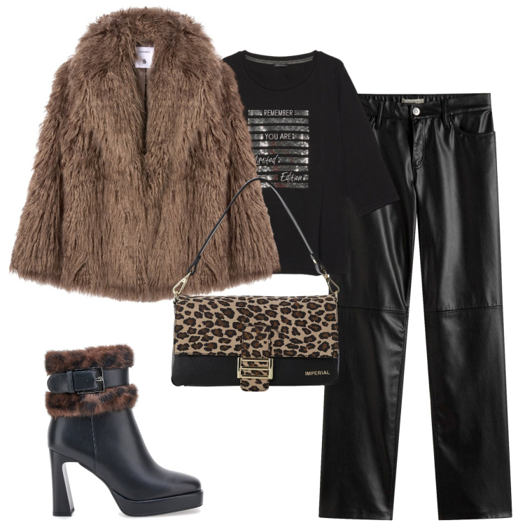 Outfit donna - Novembre. Stile Trendy per Tutti i giorni. Abbinamento con pantaloni, ecopellicce, borse a spalla, t-shirt, stivaletti.