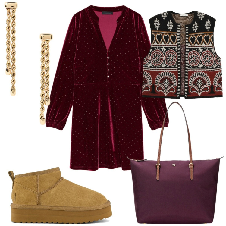 Outfit donna - Comfy autunnale: etnico. Stile Etnico per Tutti i giorni. Abbinamento con gilet, borse tote, orecchini, vestiti corti, stivaletti.