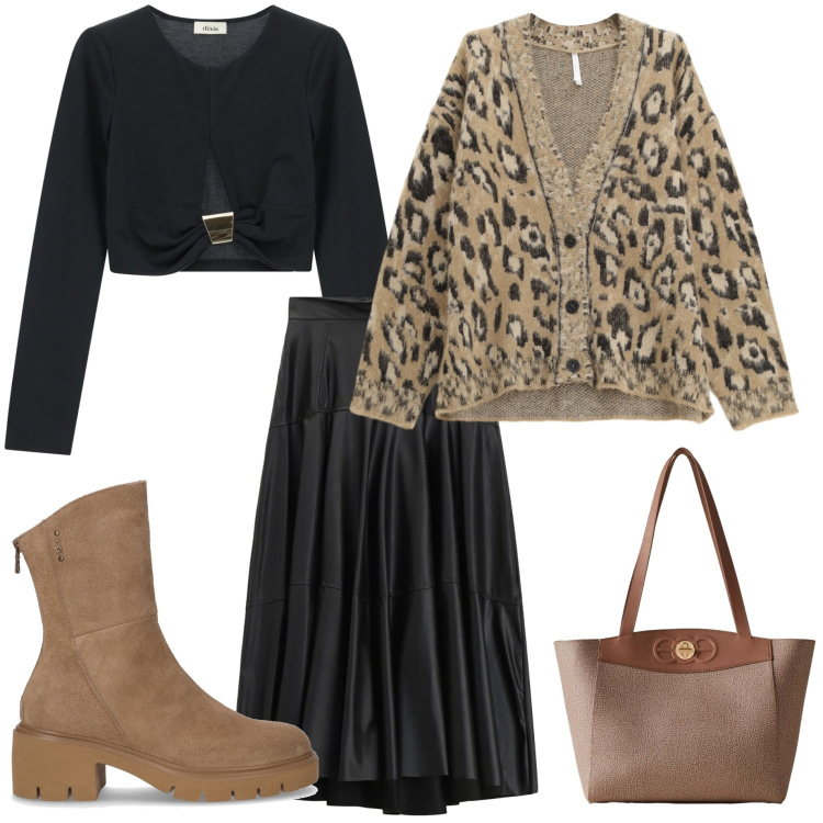 Outfit donna - Animalier. Stile Casual chic per Serata fuori. Abbinamento con cardigans, gonne lunghe, top, shopping bag, stivaletti.