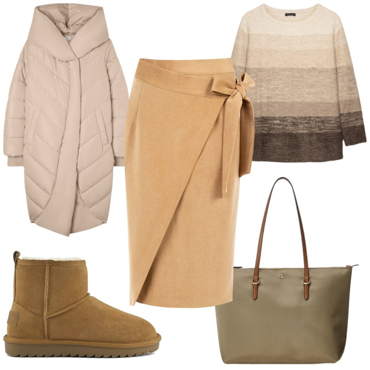 Outfit donna - Un gonna color miele. Stile Trendy per Tutti i giorni. Abbinamento con gonne longuette, cappotti, borse tote, stivali, maglieria.
