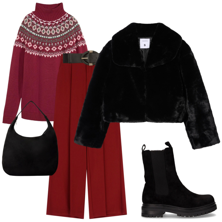 Outfit donna - Pantaloni a gamba larga. Stile Urban per Tutti i giorni. Abbinamento con maglieria, borse a mano, cinture, ecopellicce, pantaloni a palazzo, stivaletti chelsea.