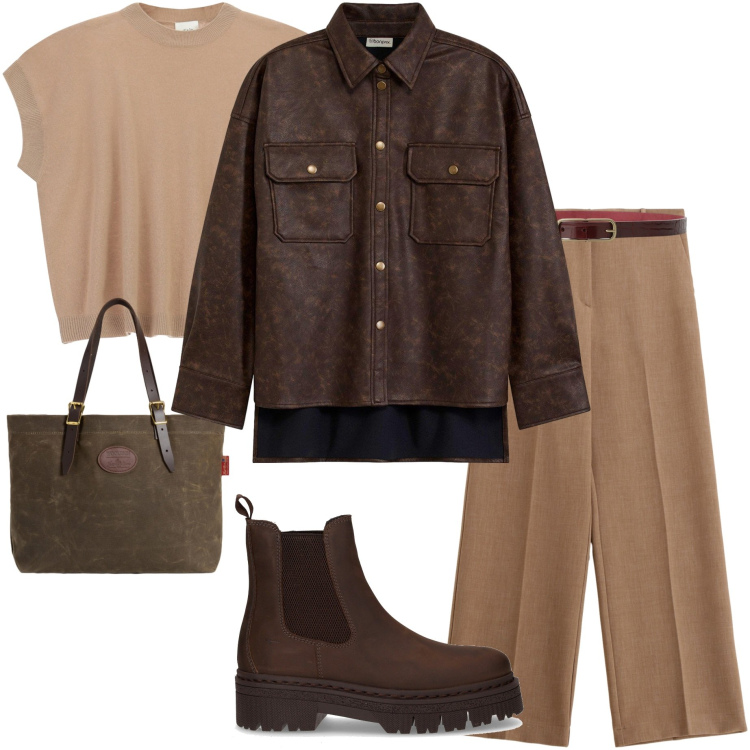 Outfit donna - Pantaloni a gamba larga. Stile Casual chic per Tutti i giorni. Abbinamento con camicie, pantaloni, cinture, maglieria, borse tote, stivaletti chelsea.