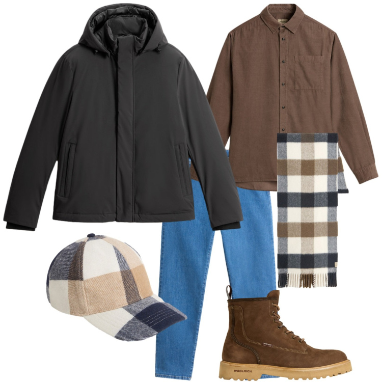 Outfit uomo - Woolrich. Stile Trendy per Tutti i giorni. Abbinamento con pantaloni, anfibi, cappelli con visiera, sciarpe, camicie, giacche.