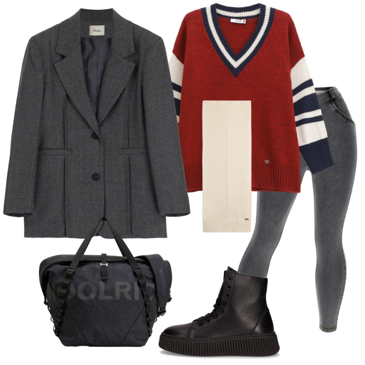 Outfit donna - Qualche saldo qua e là. Stile Sporty chic per Tutti i giorni. Abbinamento con maglieria, blazer, sciarpe, jeggings, borse sportive, anfibi.