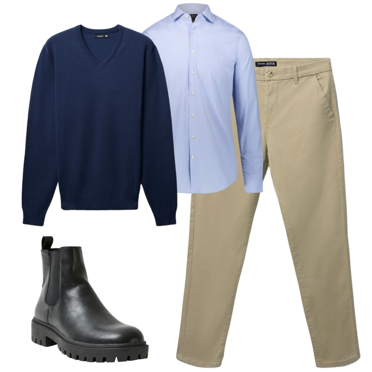 Outfit uomo - City. Stile Urban per Tutti i giorni. Abbinamento con stivali e stivaletti, pantaloni chino, maglieria, camicie.