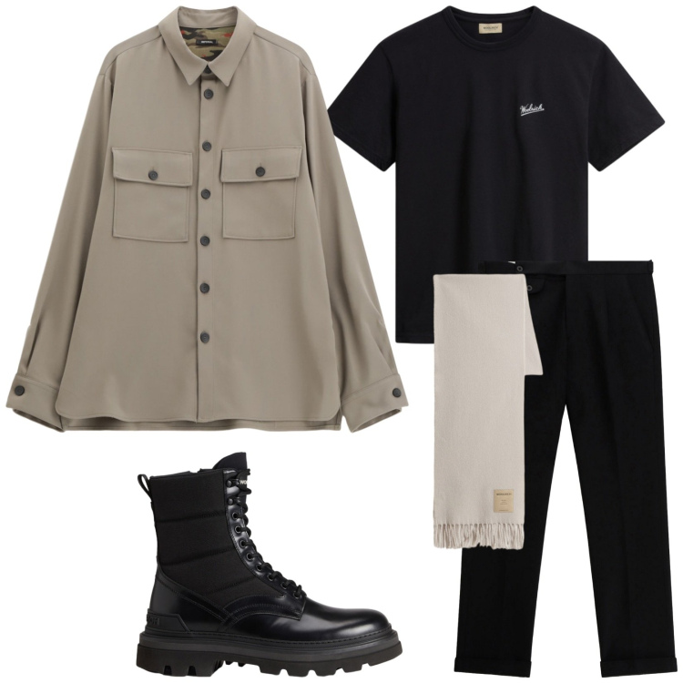 Outfit uomo - Total look #2282298. Stile Trendy per Tutti i giorni. Abbinamento con pantaloni, camicie, t-shirt, sciarpe, anfibi.