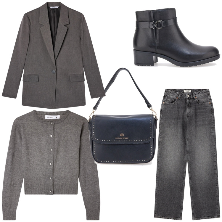 Outfit donna - Urban grey look. Stile Urban per Tutti i giorni. Abbinamento con jeans, blazer, cardigans, stivaletti chelsea, borse a tracolla.