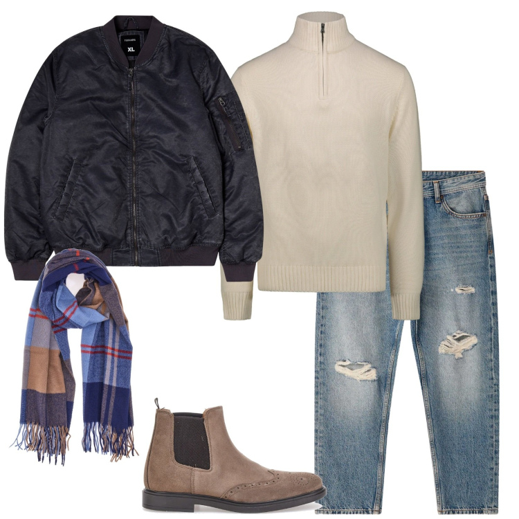 Outfit uomo - Total look #2282302. Stile Trendy per Tutti i giorni. Abbinamento con bomber, jeans strappati, sciarpe, stivali e stivaletti, maglieria.
