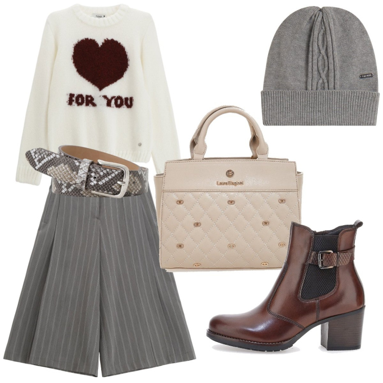 Outfit donna - I pantaloni gessati. Stile Bon Ton per Tutti i giorni. Abbinamento con pullovers, berretti, pantaloni, cinture, stivaletti, borse a mano.