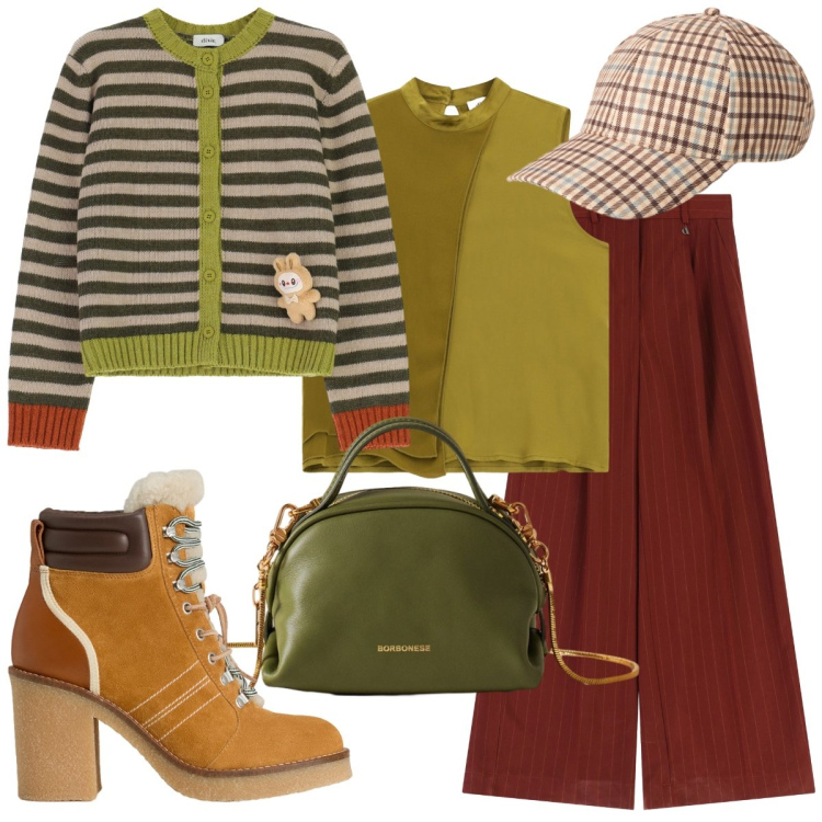 Outfit donna - A righe. Stile Sporty chic per Tutti i giorni. Abbinamento con borse a mano, cardigans, pantaloni a palazzo, top, stivaletti, cappelli.